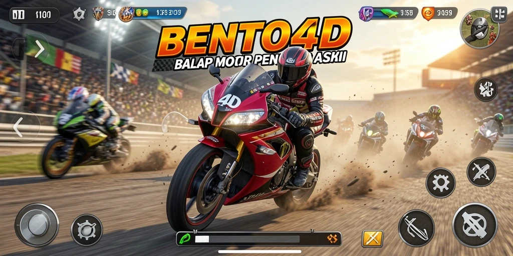 Tampilan gameplay BENTO4D dengan balapan motor yang seru.