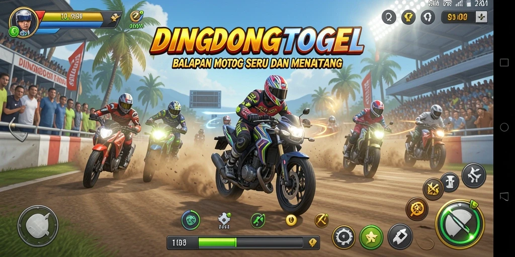 Screenshot gameplay DINGDONGTOGEL yang menampilkan aksi balapan motor.