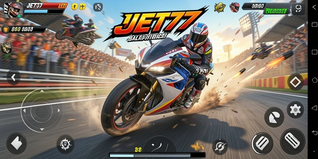Screenshot JET77 menampilkan aksi balapan motor yang seru dan mendebarkan.