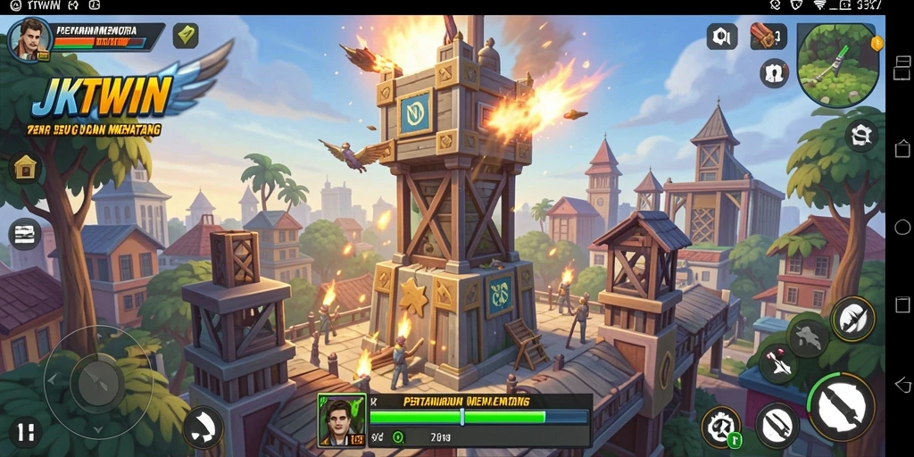 Tangkapan layar gameplay <strong>JKTWIN</strong> yang menunjukkan serangan menara yang strategis.