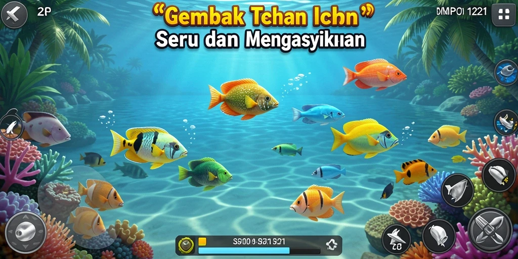 Tampilan gameplay seru dalam MPO1221 saat menembak ikan banyak.