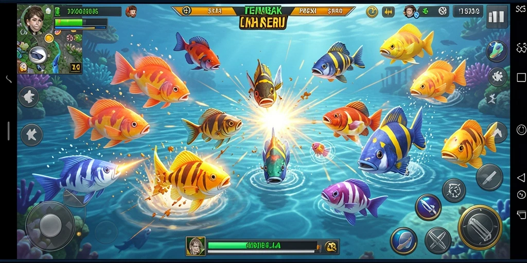 Screenshot S13 menunjukkan aksi seru dalam permainan Tembak Ikan.