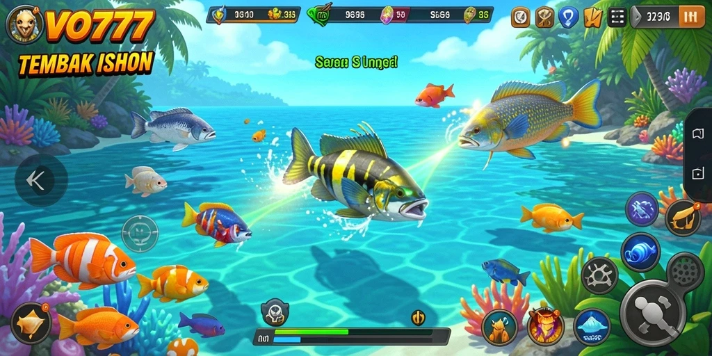 Screenshot gameplay VO777 dengan aksi menembak ikan yang seru.
